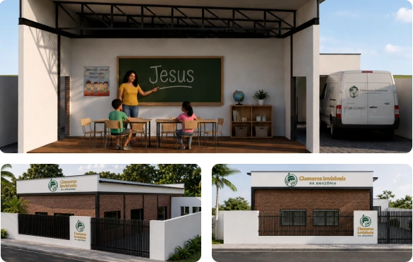 Proposta arquitetônica do futuro Instituto: sala de atividades e duas vistas da fachada